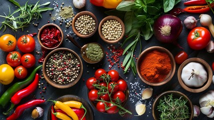 Poster - An overhead view of fresh vegetables and spices laid out on a kitchen table. The image features bell peppers, tomatoes, onions, and fresh herbs alongside bowls of spices like peppercorns and paprika. 