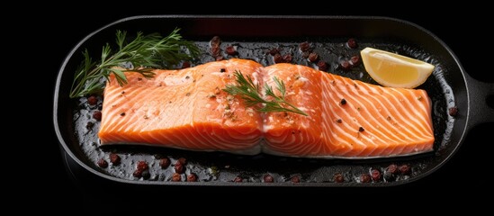 Poster - A fresh salmon fillet steak being cooked in a pan captured from above on a white background with plenty of empty space for any additional images or text