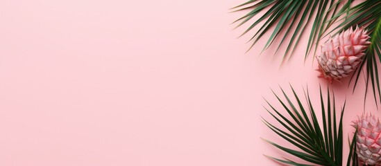 Fototapete - A minimal tropical palm leaf concept template with a millennial pink paper background and pineapples providing copy space for your text or design