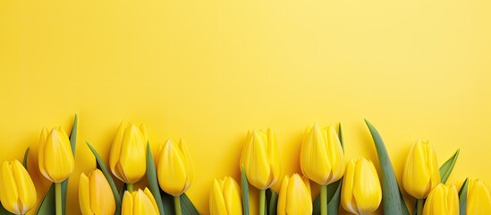 Fototapete - A vibrant spring concept featuring fresh beautiful yellow tulips against a colorful yellow backdrop This horizontal top view image includes copy space and is enhanced with toning