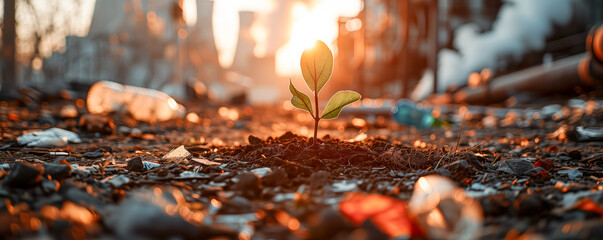 Wall Mural - Small young plant growing on polluted land. Pollution and earth care concept.