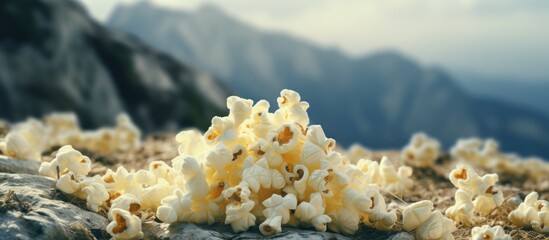 Sticker - A high quality photo of popcorn placed on a rock background suitable for news and articles related to corn with plenty of copy space for text