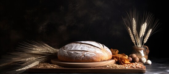 Poster - High quality photo of a round whole bread placed on a wooden cutting board with flour sprinkled on it along with spikelets of cereals on a dark table. Creative banner. Copyspace image