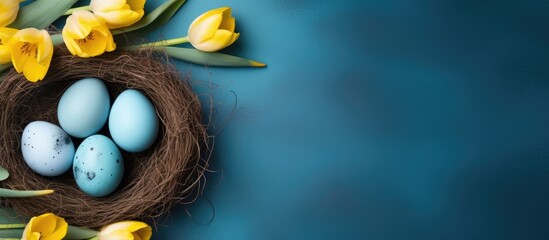 Aufkleber - Top view of a nest with blue and white eggs surrounded by yellow tulips creating a beautiful Easter background There is ample copy space in the image
