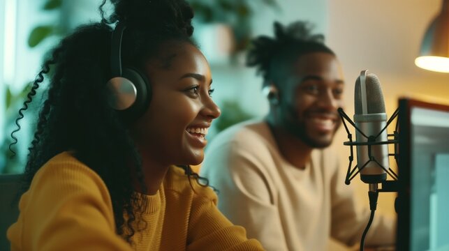 Two cheerful people recording a podcast in a cozy studio, using professional microphones and headphones.