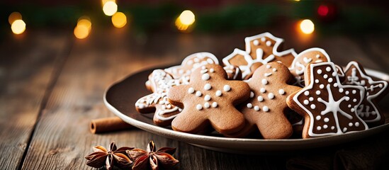 Poster - A festive plate of delicious gingerbread cookies set on a rustic wooden table is captured in a copy space image accompanied by a heartfelt Merry Christmas and Happy New Year card