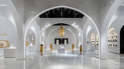 A white interior space of a luxury store for perfumes with arches white and gold background