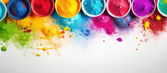 Aufkleber - Flat lay copy space image of bowls filled with vibrant colorful powders on a light background creating a festive atmosphere for the celebration of the Holi festival
