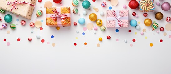 Poster - A festive flat lay on a white tabletop showcases colorful wrapping paper perfect for Christmas or New Year s gift packing The composition conveys a cheerful holiday decor concept. Creative banner