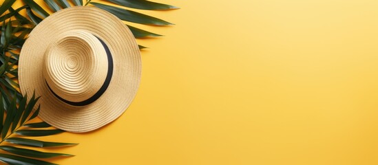 Poster - Top view of a vibrant summer composition featuring tropical palm leaves a hat and a coconut on a sunny yellow background embracing the essence of the summer concept Ideal for a flat lay with ample co
