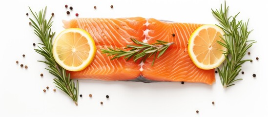Poster - A top down view of a raw piece of salmon accompanied by lemon slices and rosemary sprigs isolated on a white background Ample space available for additional text or images