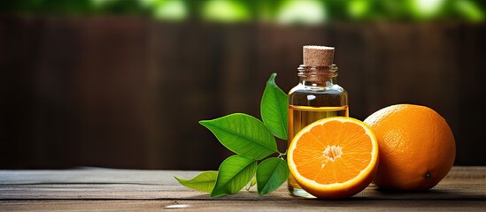 Poster - Copy space image of a bottle of essential oil accompanied by fresh oranges and mint placed on a rustic wooden table leaving room for additional text