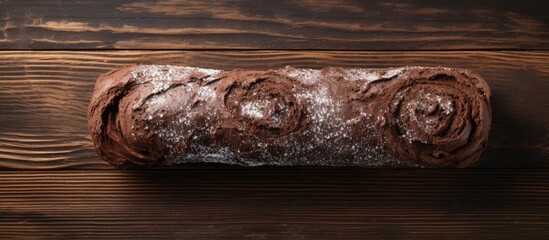 Poster - Flat lay of a delicious chocolate cake roll with a creamy filling placed on a wooden table Ample empty space is available for adding text to the image