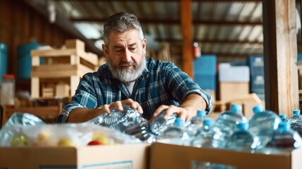 Sticker - Man with a gray beard and plaid shirt arranging plastic water bottles in a warehouse with wooden boxes and shelves.