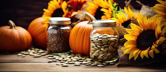 Among the plants on the table there are jars filled with pumpkins sunflower seeds and cedar creating a visually appealing copy space image