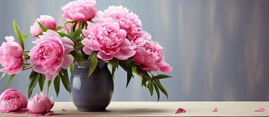 Aufkleber - Bright pink peonies are arranged in a vase against a light background The vibrant flowers are in full bloom creating a captivating image The concept of the card is complemented by the copy space prov