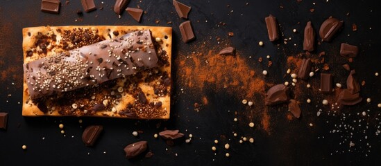 Poster - A typical Spanish snack featuring slices of homemade seed bread accompanied by a chocolate bar captured from above in a flat lay copy space image
