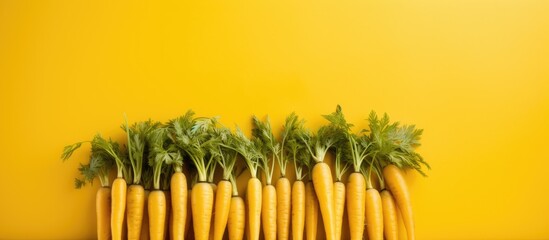 Poster - A close up image of a bunch of carrots arranged neatly in a white wooden box set against a vibrant yellow background leaving ample copy space
