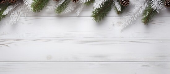 Poster - Christmas wallpaper with fir branches placed on a white wooden background captured in a flat lay perspective with enough copy space for additional elements