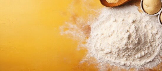 Aufkleber - A top down view of a baking scene on a yellow paper background featuring a rolling pin and flour This image could be used for various purposes such as promoting a bake menu or showcasing homemade pas