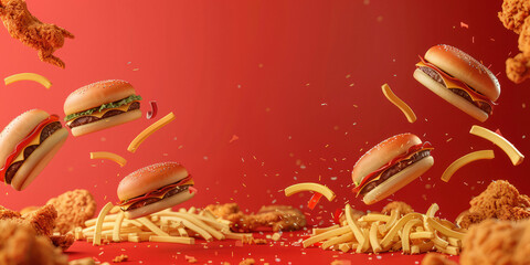 Wall Mural - lots of tasty fast food on a red background.