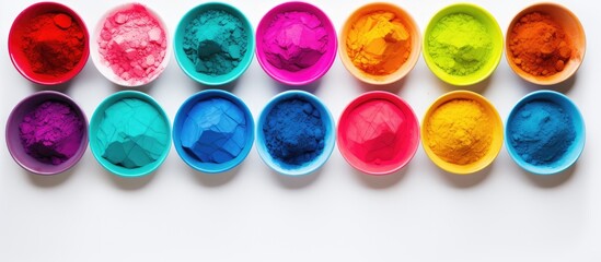 Aufkleber - Flat lay copy space image of bowls filled with vibrant colorful powders on a light background creating a festive atmosphere for the celebration of the Holi festival