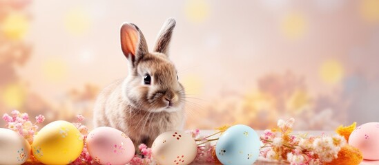 Aufkleber - Close up of a sugar candy Easter bunny with floral decorations and quail eggs on a soft pastel background Perfect for Easter holiday concepts Copy space image