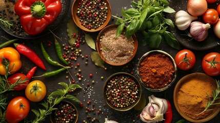 Poster - A collection of vibrant vegetables, fresh herbs, and spices arranged on a dark tabletop, ready for culinary creation. Generative AI