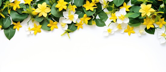 Wall Mural - A copy space image of a white background adorned with a vibrant frame of green leaves and yellow flowers providing a perfect spot for text Ideal for celebrating an anniversary with a greeting card