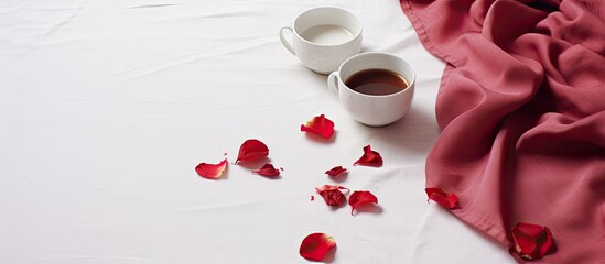 Aufkleber - A creative flat lay with two cups of red tea flower petals and a gray linen napkin on a white background There is a copy space image for text placement