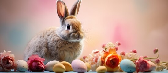 Sticker - Close up of a sugar candy Easter bunny with floral decorations and quail eggs on a soft pastel background Perfect for Easter holiday concepts Copy space image