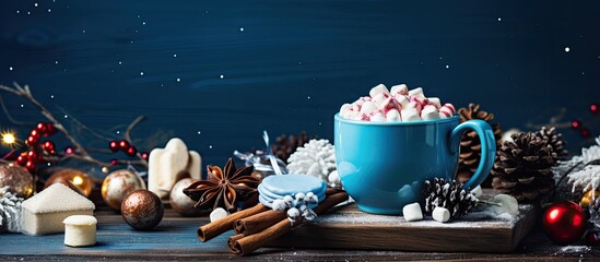 Poster - A delicious cup of hot cocoa with marshmallows in a blue cup surrounded by spices and more marshmallows placed on a brown textured table The perfect winter beverage hot chocolate with marshmallows an