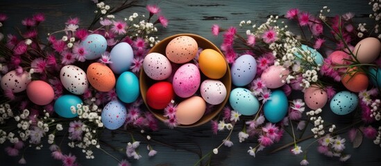 Poster - Top view of a colorful arrangement of Easter eggs on a table with gypsophila creating a vibrant composition The eggs are naturally dyed and serve as a captivating background with ample copy space