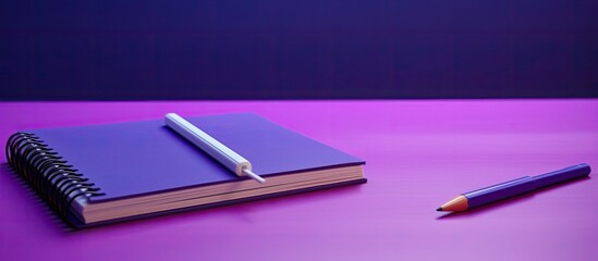 Fototapete - An image of a school notebook with a pencil is placed on a violet background The same notebook is then seen on a purple desk in an office setting. Creative banner. Copyspace image
