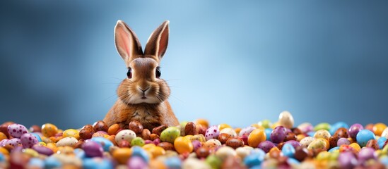Aufkleber - A chocolate Easter bunny with colorful chocolate chips is positioned on a vibrant surface creating a visually appealing composition for a copy space image