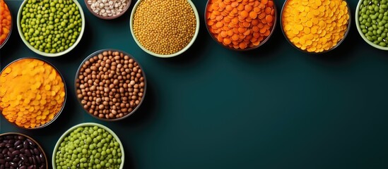 Poster - A top view image showing colorful lentils including yellow brown green and orange varieties arranged in bowls This copy space image showcases a variety of healthy legumes
