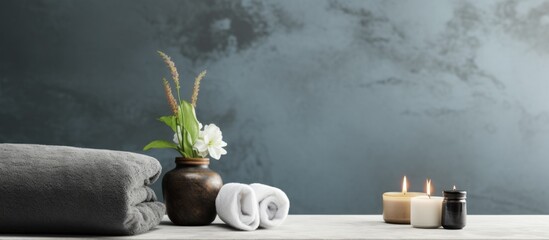 Poster - A serene spa setting with a treatment concept showcased on a sleek gray marble background A copy space image ideal for promoting relaxation and pampering indulgence