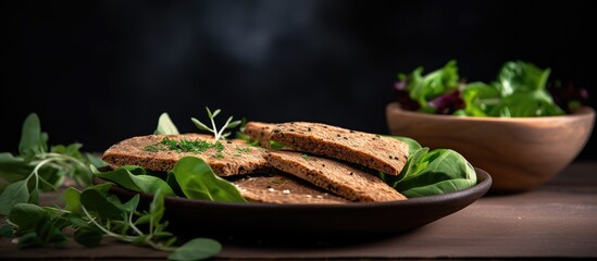 Poster - A plate with vegan dieting food crunchy crispy breads or flatbreads made from flax seeds accompanied by green salad leaves Copy space image