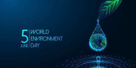 World Environment Day futuristic concept banner. Earth in water drop falls from leaf into puddle