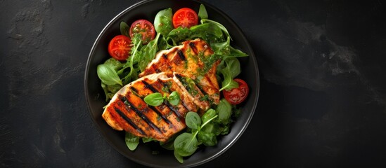 Aufkleber - A salad consisting of grilled chicken breast tomato spinach asberg radichio and arugula is presented on a stone background creating a visually appealing copy space image