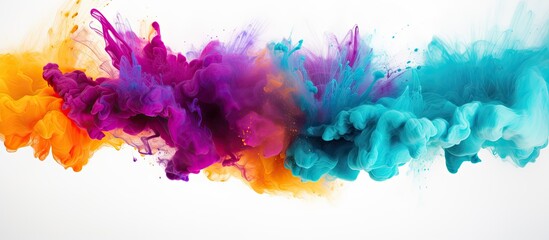 Poster - Freeze frame of colorful powder exploding creating an abstract splatter background A copy space image displays the mesmerizing texture of glittering colors on a white backdrop