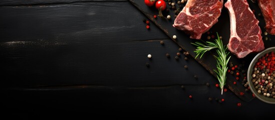 Wall Mural - A characterized copy space image with raw pork ribs or fresh uncooked meat seasoned with spices on a black wooden tray accompanied by paprika garlic cloves and herbs The dark textured background prov