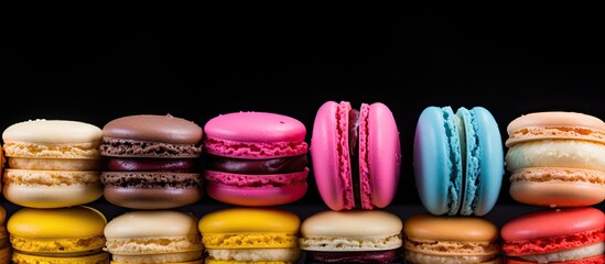Aufkleber - Colorful macarons or macaroons stacked on a black background creating a fresh and vibrant image of cafe desserts with a pastel color palette and copy space