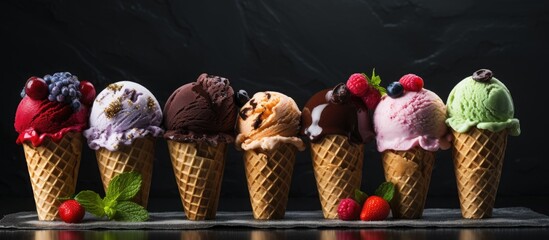 Poster - Traditional seasonal cold sweets a set of tasty ice cream cones on a stone background The image embodies the refreshing concept of food in summer offering a perfect copy space image