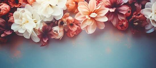 Poster - A captivating top view flat lay image of artificial flowers on a bright background with copy space The photo boasts vibrant colors and stunning retro light effects creating a magical and nostalgic at