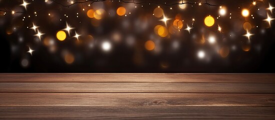 Poster - a festive background with christmas lights illuminating a dark wooden surface creating reflections p