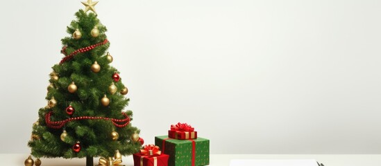 Fototapete - A festive scene with a Christmas tree and presents accompanied by a notebook paper and pencil set on a desk against a white background with space for additional images or text