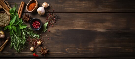 Poster - On a wooden table background there is a collection of herbs spices and seasonings alongside utensils The scene offers a paper copy space for additional elements