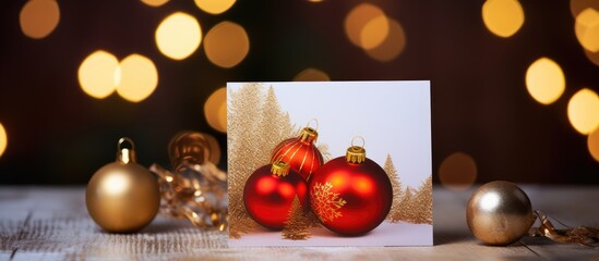 Poster - A Christmas greeting card with festive decorations on a bokeh background creating a New Year concept The image features copy space and is presented in a flat lay with a top view