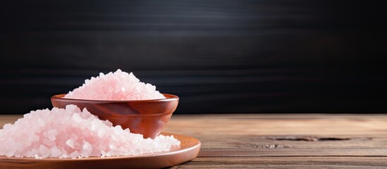 Aufkleber - A copy space image showcasing a cup of Himalaya salt on a wooden background The pink salt is raw and can be used in food for its salty flavor and in aroma therapy It is also considered a healthy food